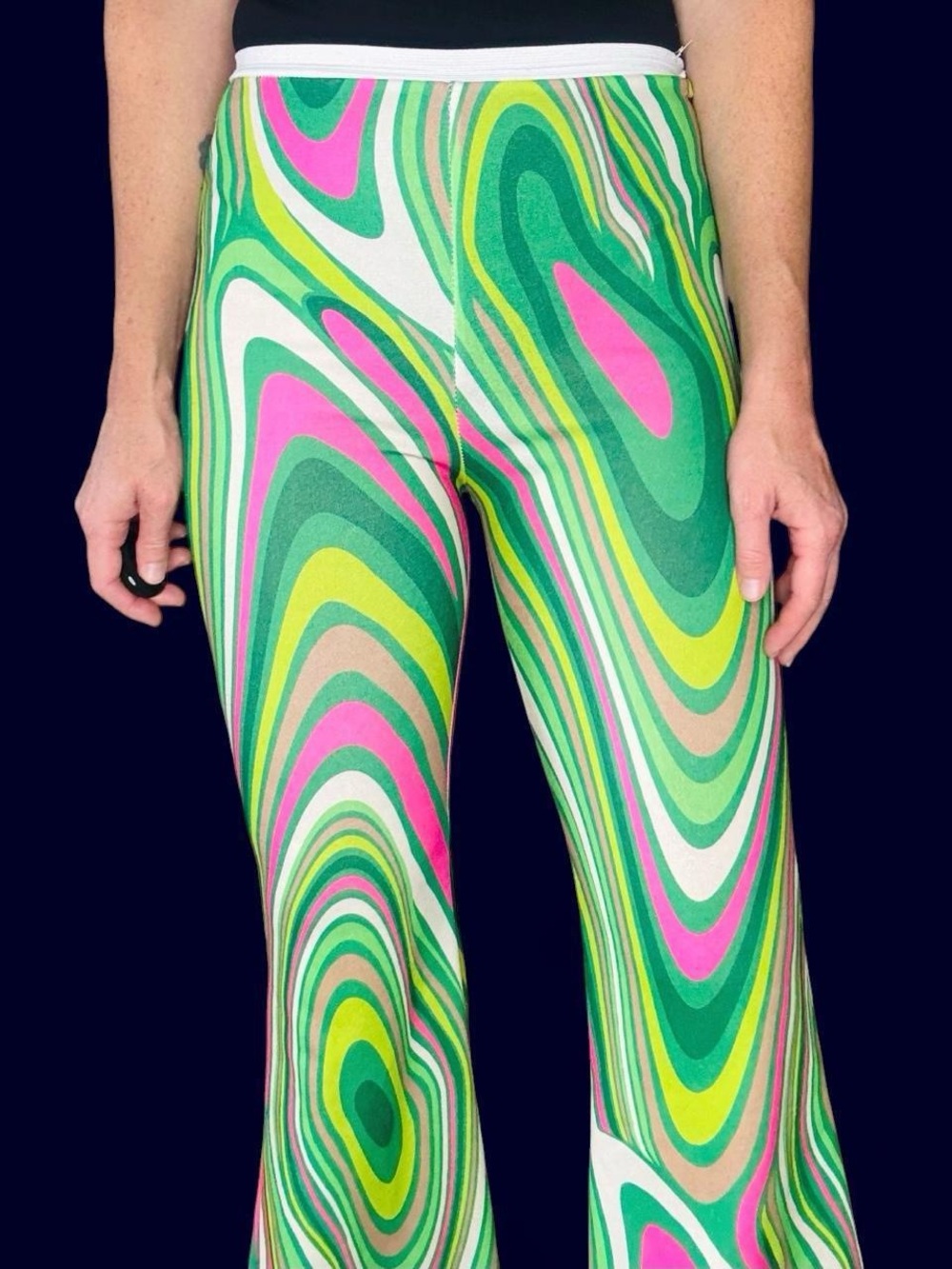 Retro Pink Green Psychedelic Printed Hippie Festival High Rise Flare Pants - Picture 7 of 9